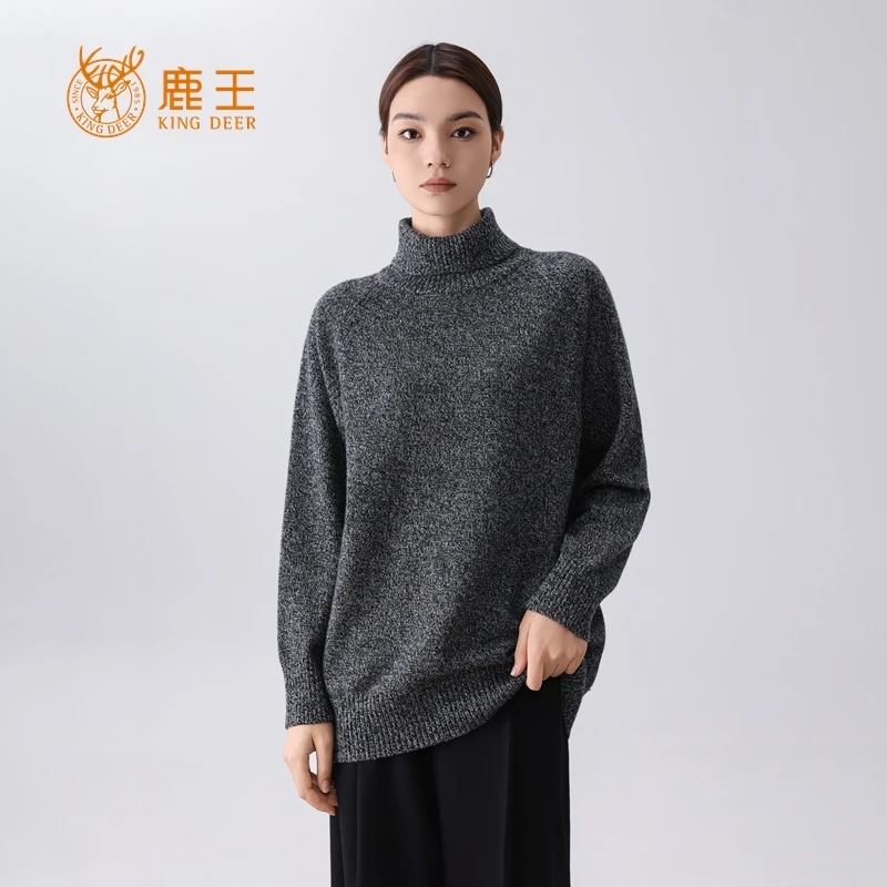 【设计师款】鹿王女高翻领100山羊绒时尚花纱宽松套衫 加厚 G25038