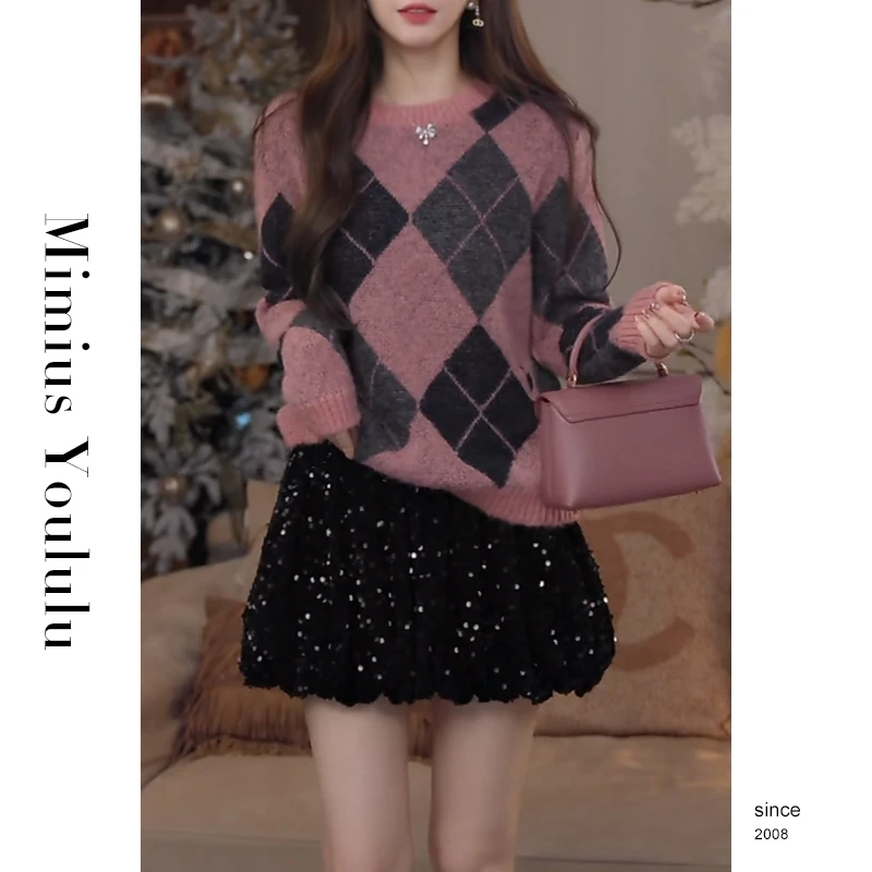 【mimius】游鹿鹿 高奢线进口机菱格嵌花羊毛毛衣 WF10109