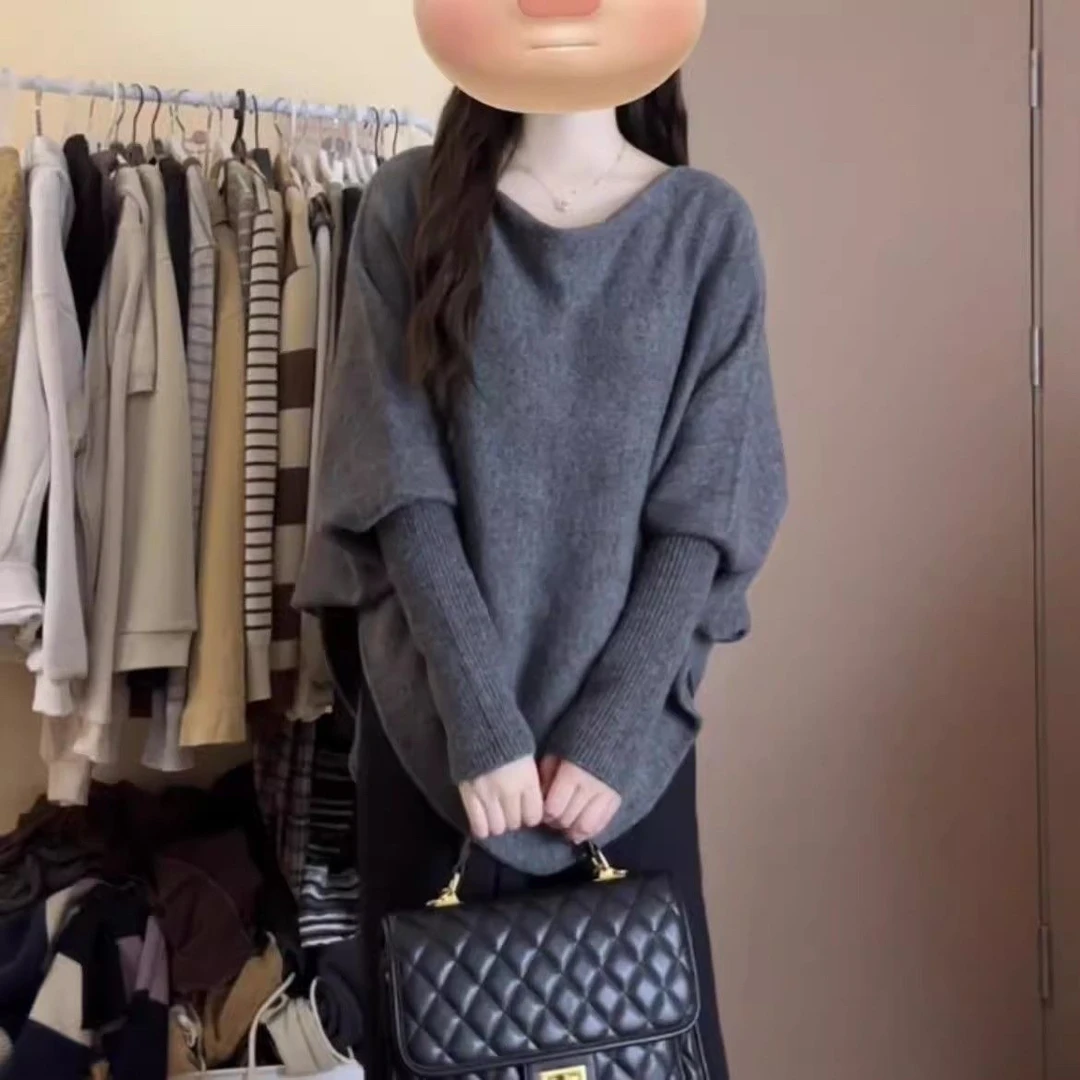 RPIN灰色不规则蝙蝠袖毛衣女秋冬韩系氛围感宽松慵懒风针织衫上衣