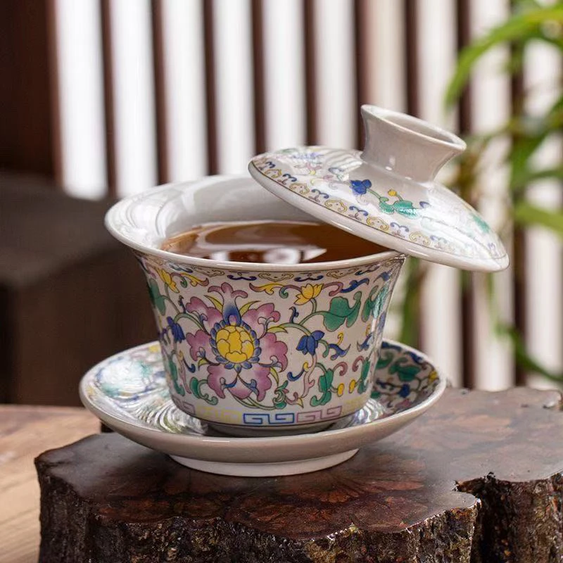 A 184复古风可悬停青花珐琅彩三才盖碗家用功夫茶具