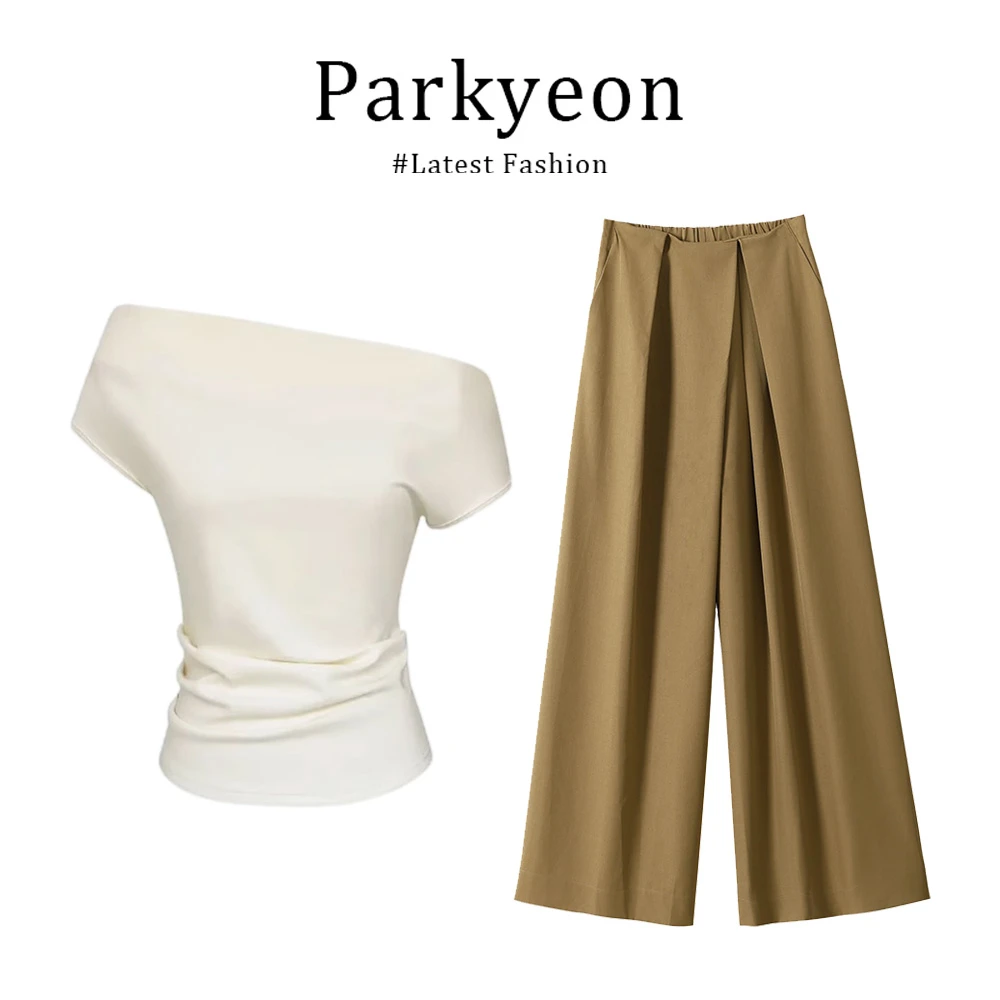 parkyeon不规则露肩爆款百搭T恤上衣高级感阔腿显高休闲裤两件套.