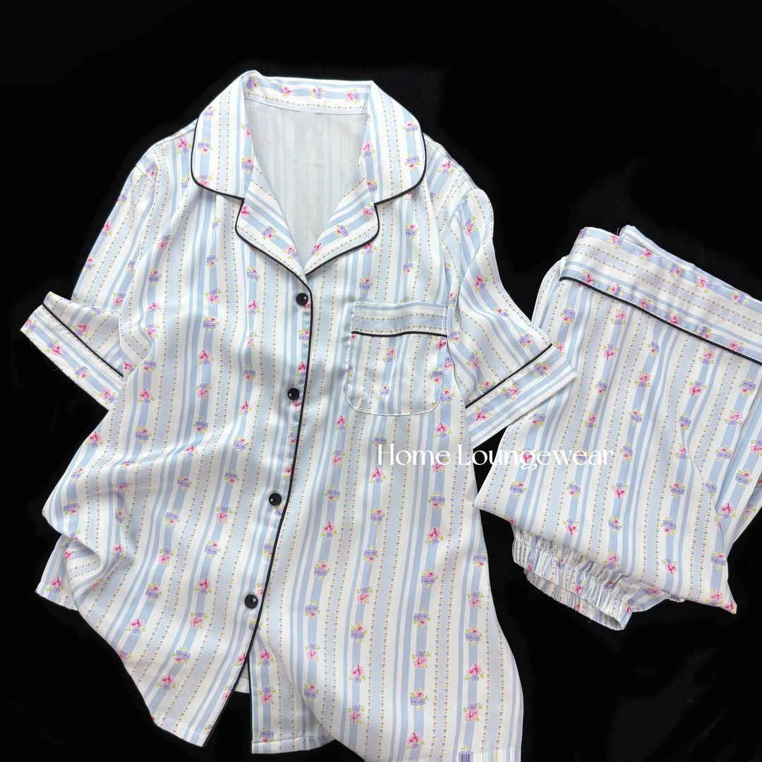 【维m小蓝花】碎花睡衣女夏季薄款短袖长裤2025款送闺蜜家居服夏