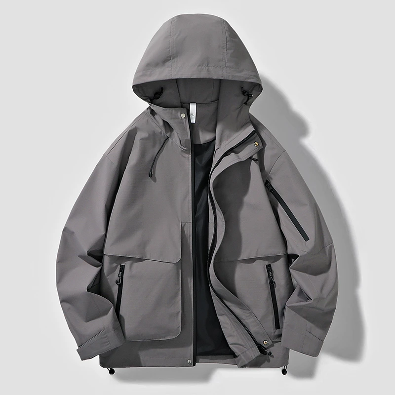 春秋防风防水情侣时尚冲锋衣连帽休闲外套户外登山服夹克工装大衣