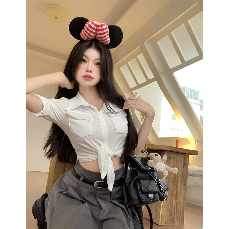 设计感薄款纯欲辣妹短袖衬衫女夏季法式多巴胺polo领绝美上衣