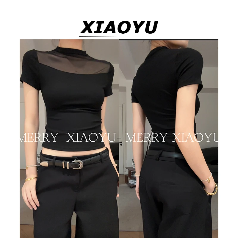 小鱼【禁欲性感】辣妹透视网纱拼接短袖T恤女纯欲洋气独特百搭上衣