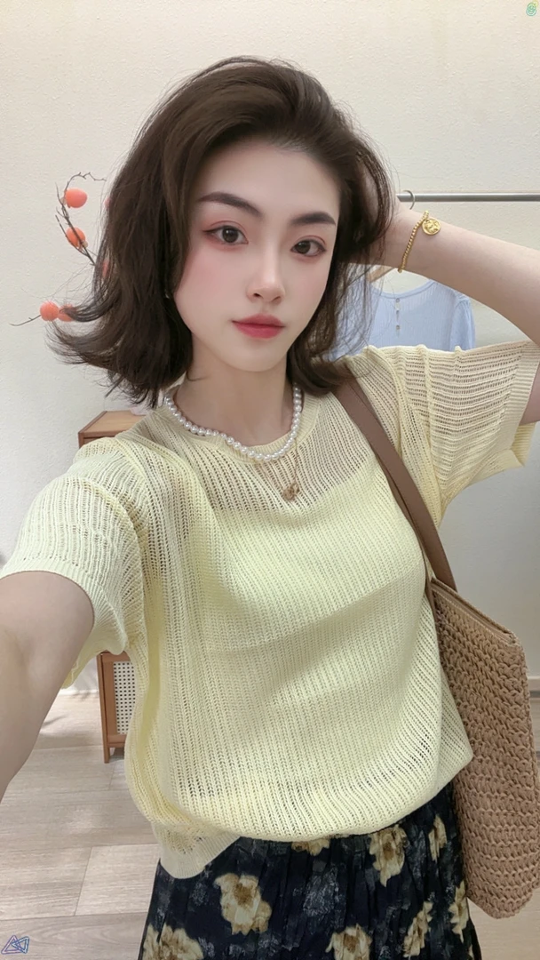 圆领短袖女夏季镂空薄款毛针织衫上衣设计感时尚短款显瘦套头