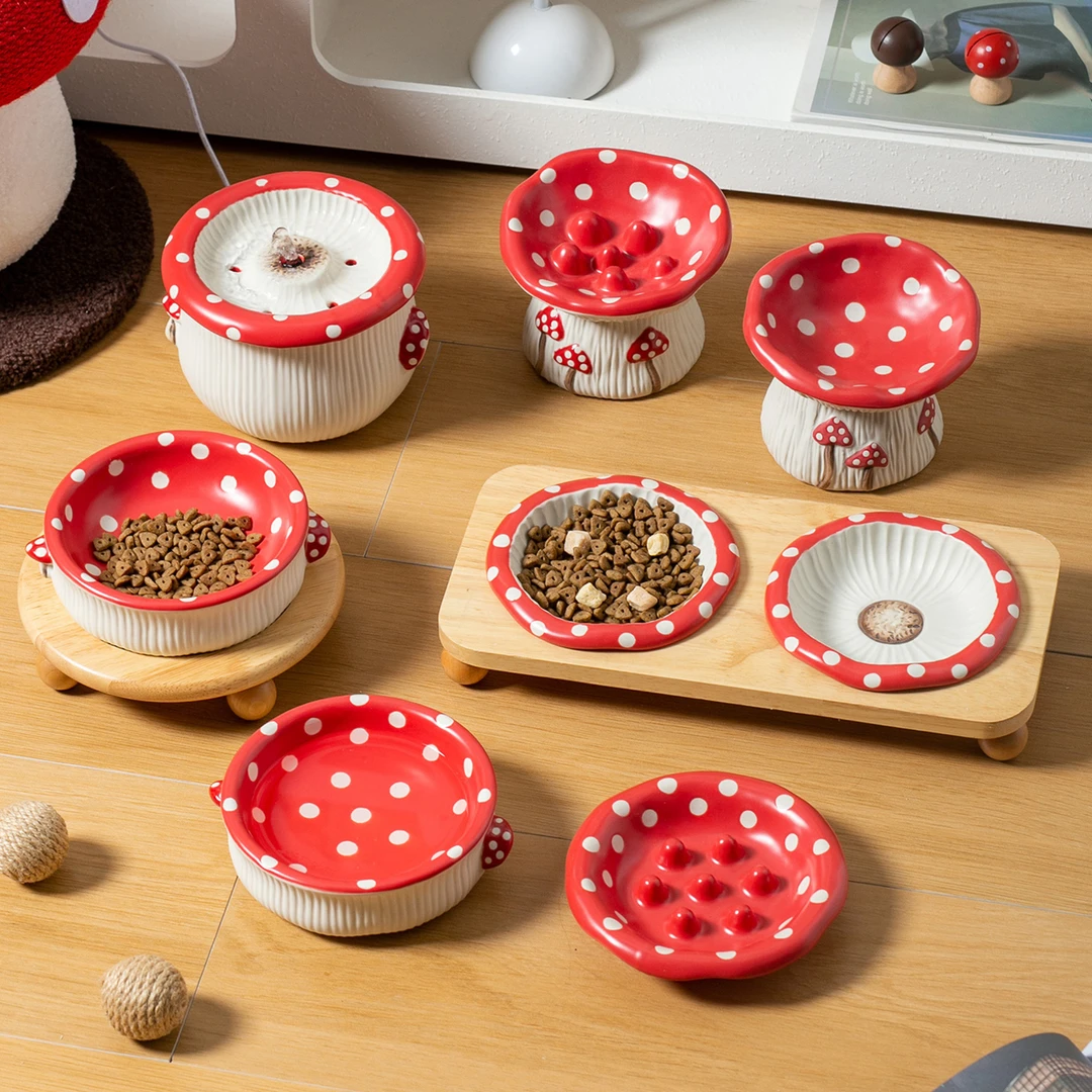 创意蘑菇造型陶瓷猫碗高脚护颈防打翻宠物食盆防噎慢食碗猫咪食盆