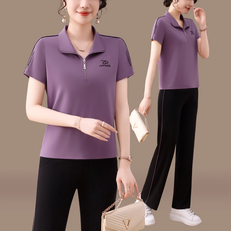 恩狐时尚立领运动服套装女夏季新款时尚半拉链短袖直筒裤两件套