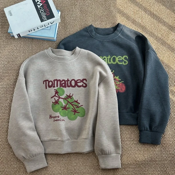 ［家淇定制］新款韩版百搭修身显瘦时尚刺绣西红柿重工休闲卫衣6973