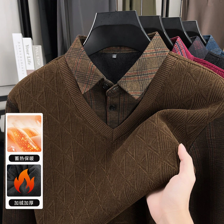 爸爸冬装加绒雪尼尔毛衣秋冬季中年男士假两件针织打底衫上衣
