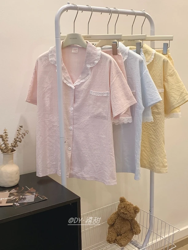 【初夏】ins风少女简约夏季花边娃娃领睡衣休闲宽松舒服家居服套装