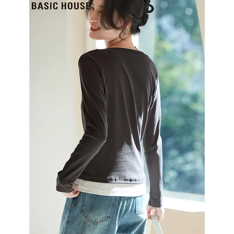 Basic House/百家好灰色假两件长袖上衣V领拉链长袖T恤女2025秋季