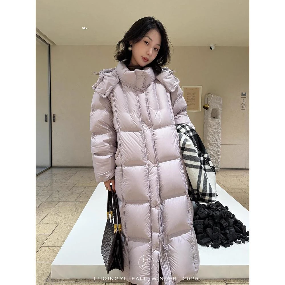 90白鹅绒连帽长款鹅绒服女2025冬新款韩版宽松加厚保暖过膝羽绒服