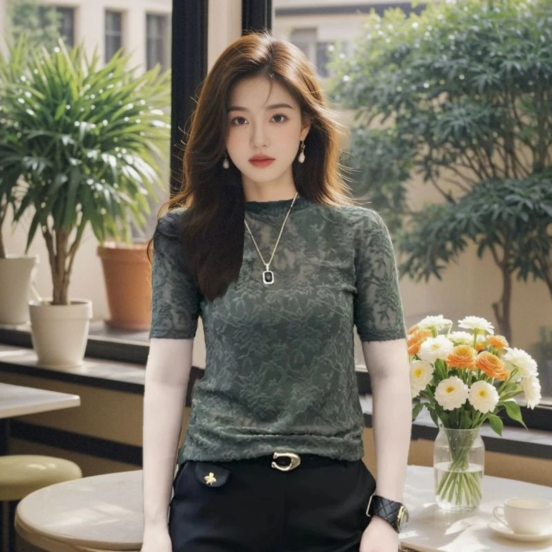 镂空性感短袖蕾丝上衣女2025夏季薄款微透女人味半袖t恤纯欲小衫