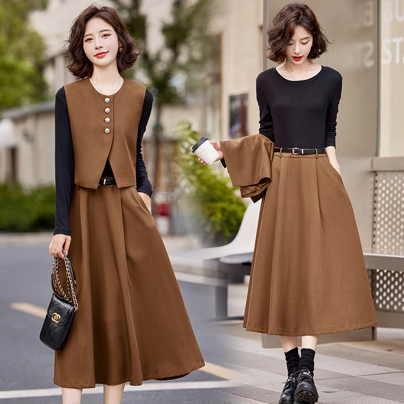 小香风长袖连衣裙洋气显瘦两件套时尚2025新款春秋气质马甲复古