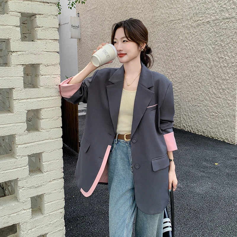 灰粉撞色拼接西装外套女2025春季新款时尚休闲宽松气质高级感西服