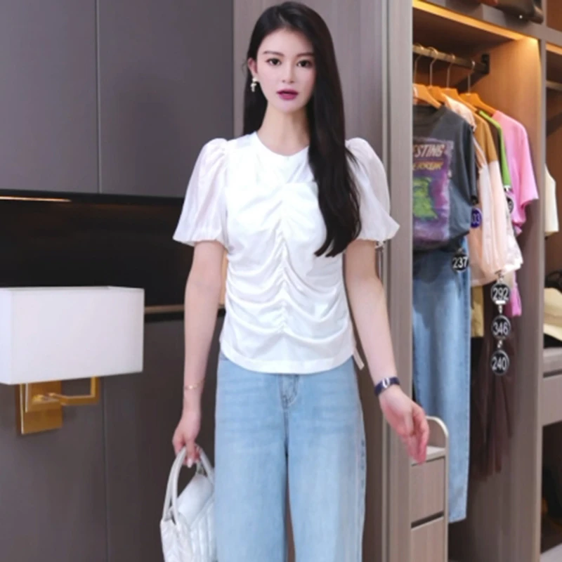 350632【依目系列】白色元气泡泡袖T恤2I212159D