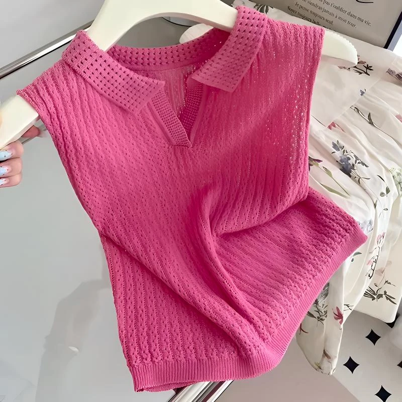 多巴胺炸街独特漂亮上衣气质高级感玫粉色翻领无袖针织t恤女夏季