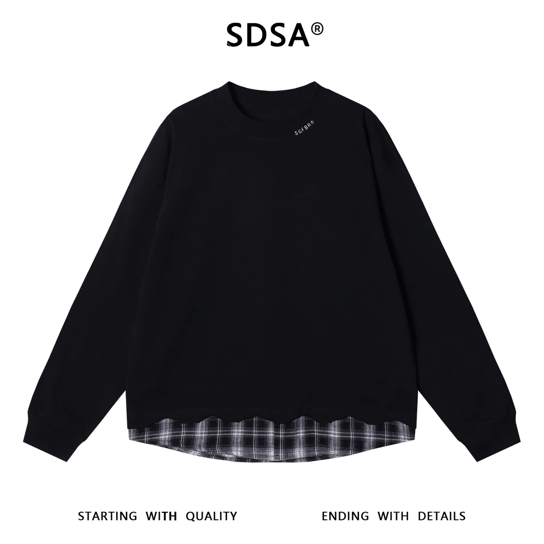 SDSA男士秋冬新款痞帅男装美式拼接设计圆领卫衣领口刺绣字母百搭