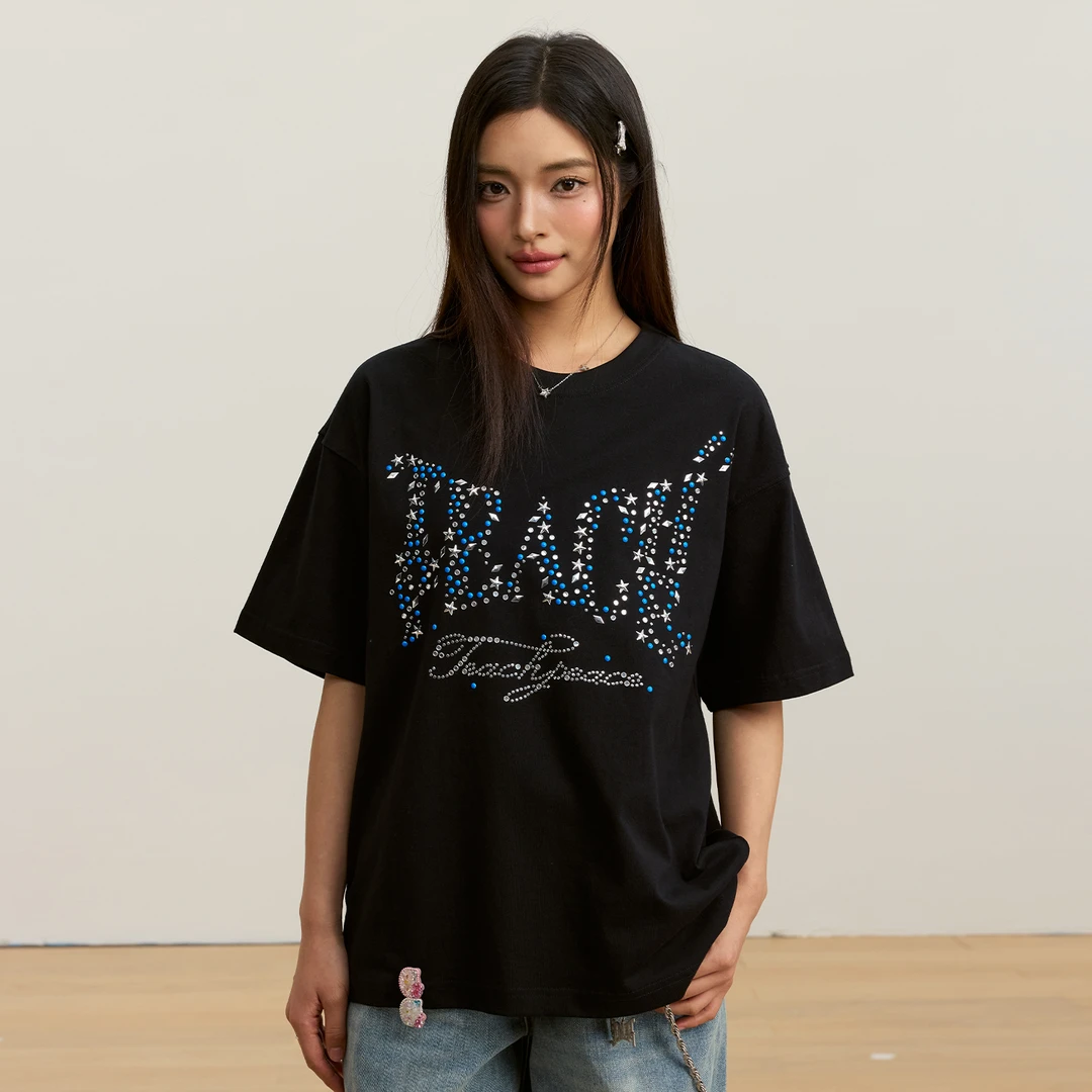 Teach Peace潮牌设计感“星闪”烫钻字母LOGO短袖宽松情侣装T恤夏