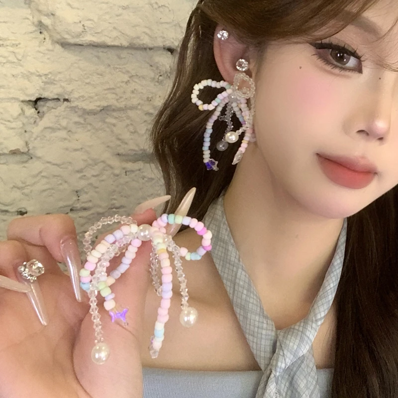 非金属合成锆石耳饰 旅游度假风蝴蝶结串珠耳环彩色多巴胺耳饰