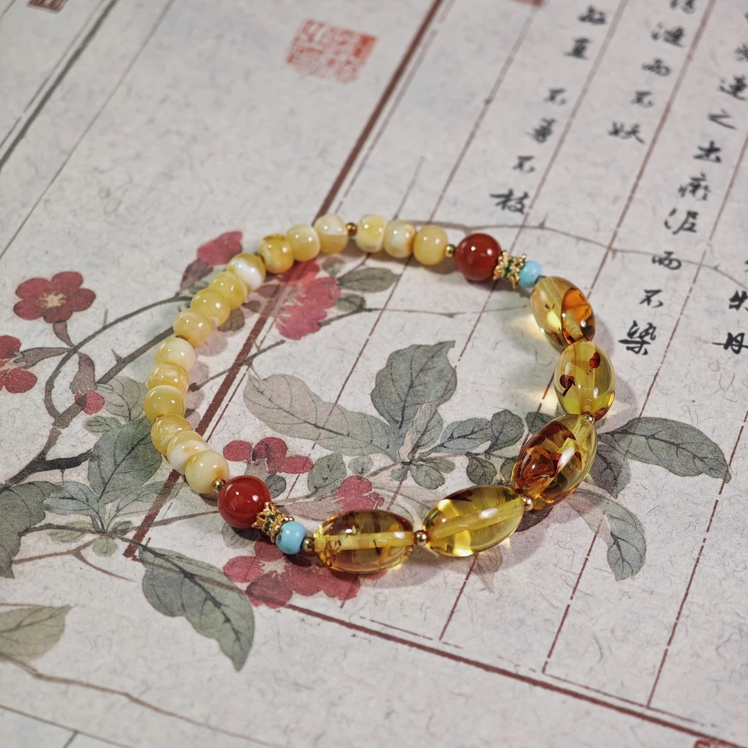 【Y】BT102510花珀枣珠蜜蜡老型单圈手串diy绿松石&南红5-9mm+