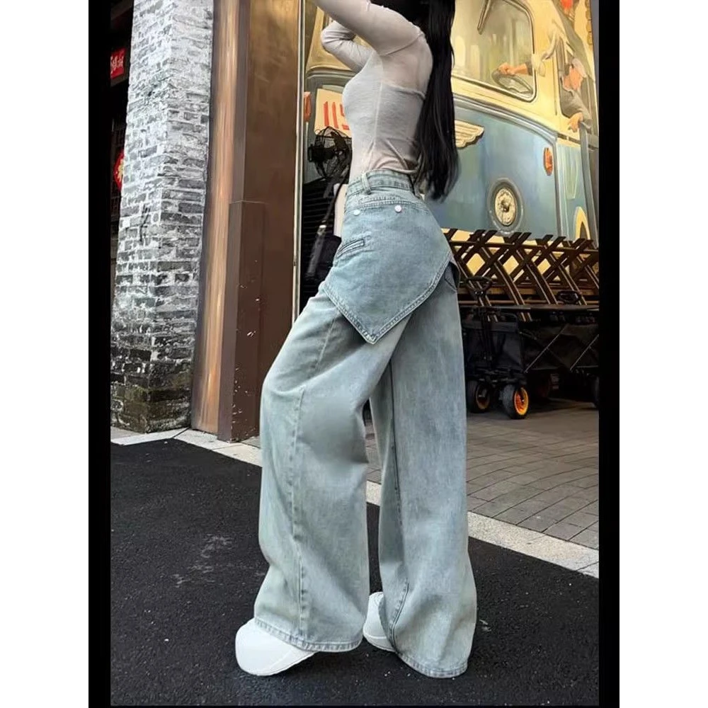 2025街头个性复古不规则牛仔裤女设计感可拆卸腰封宽松显瘦拖地阔