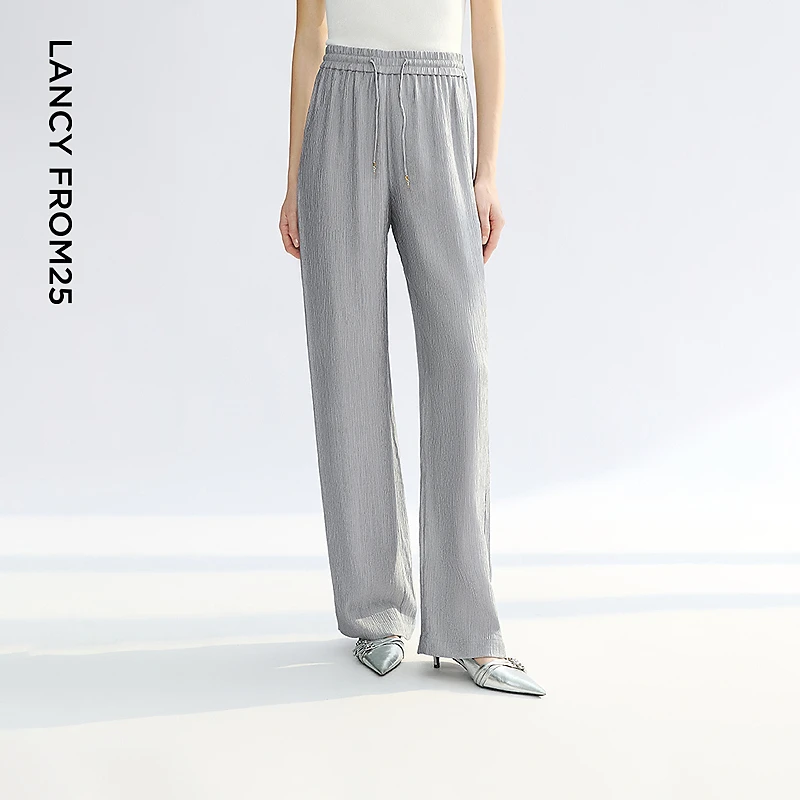 朗姿通勤风休闲松紧腰垂感肌理直筒宽松裤子松弛感长裤2025年夏