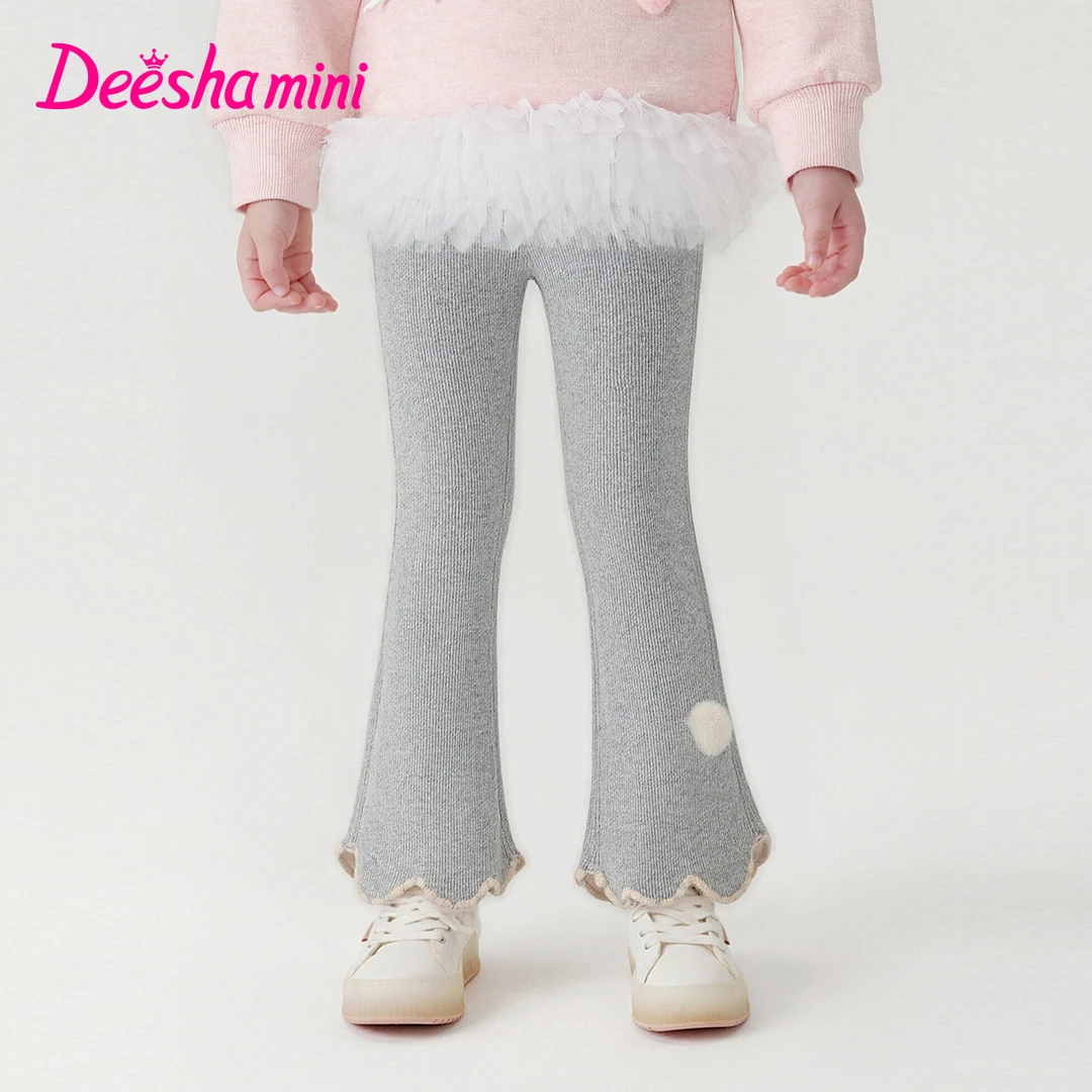 笛莎女童裤子冬季微喇裤宝宝花边裤脚加绒舒适保暖棉裤-3M255A401