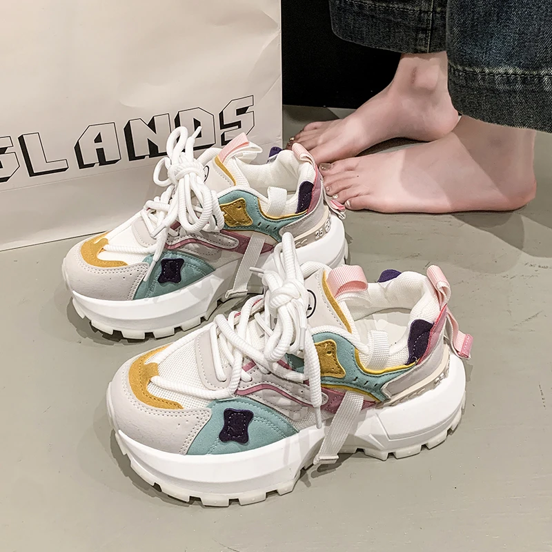 网面阿甘鞋女2025新款拼色百搭厚底增高拼色透气休闲轻便老爹鞋潮