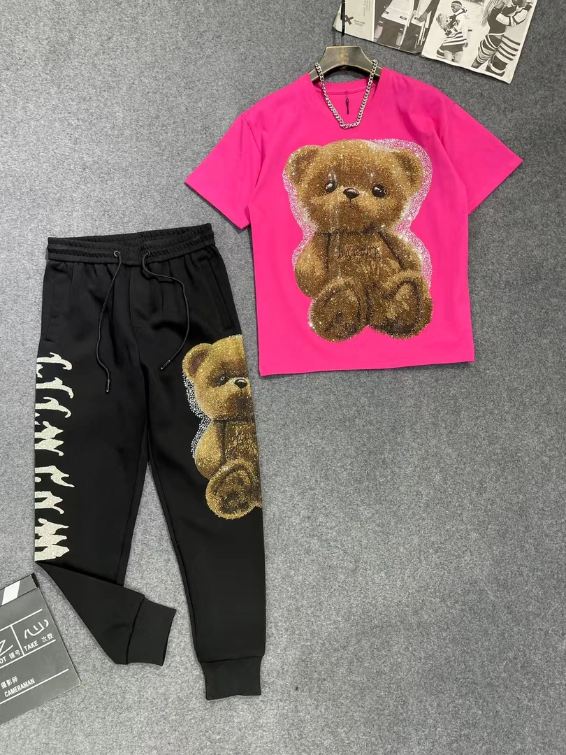 11902-903小熊重工烫钻半袖重工满钻短袖黑色圆领时尚情侣套装