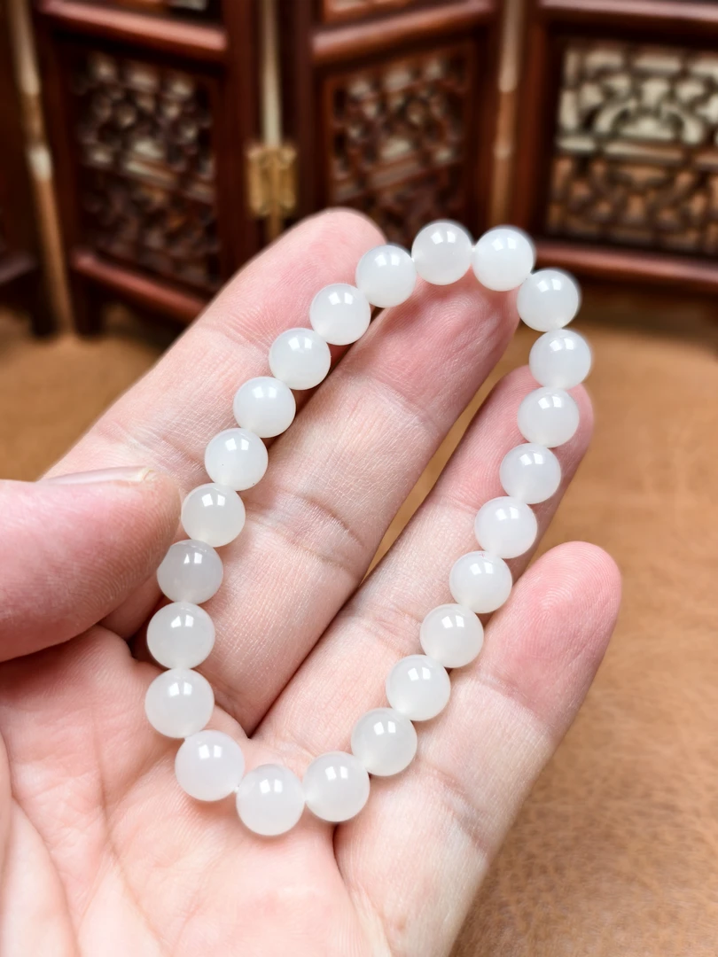 和田玉白玉羊脂玉白月光卡八圆珠单圈手串白色百搭素圈精美