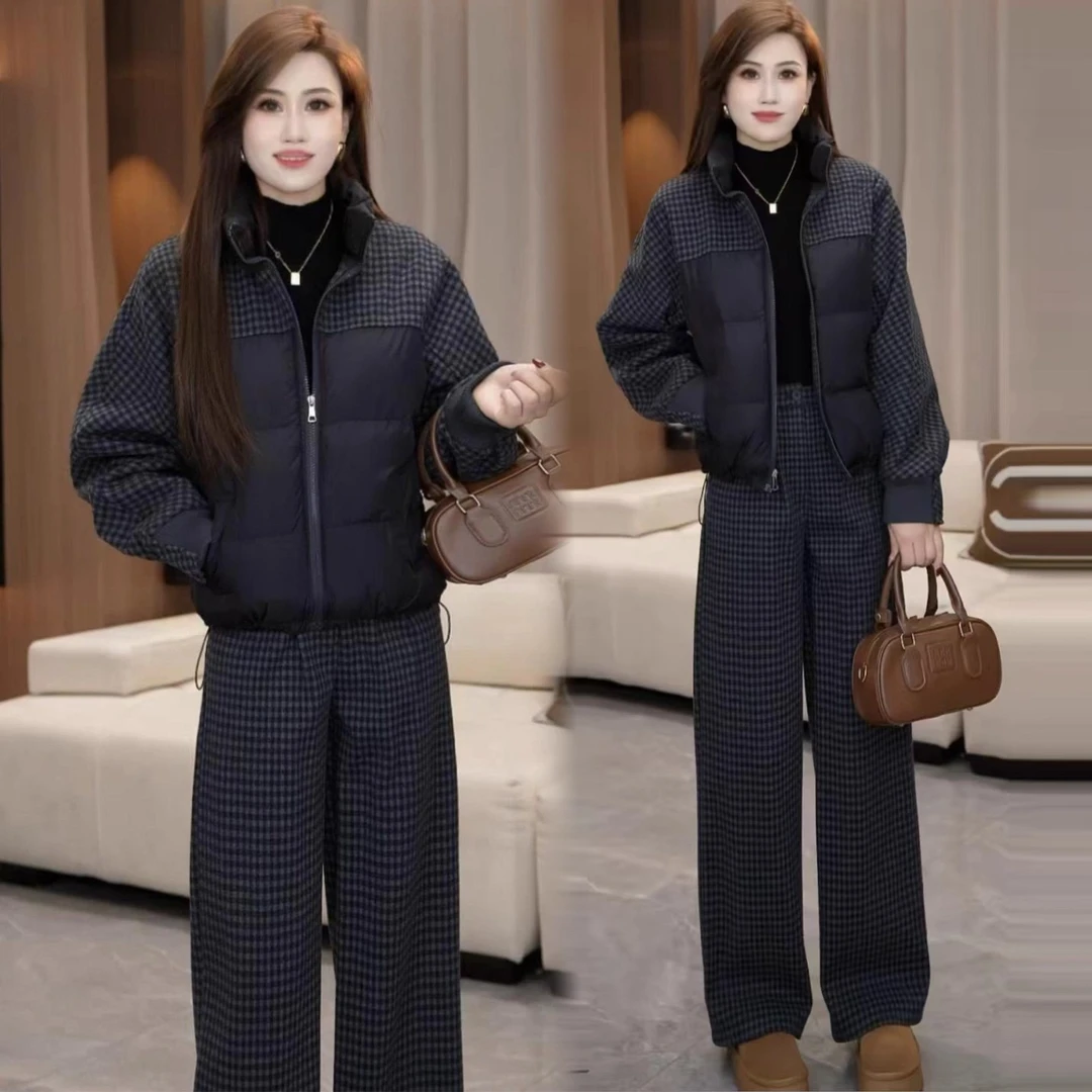 时尚格子拼接棉服套装女2025冬季新款显瘦百搭外套阔腿裤两件套潮
