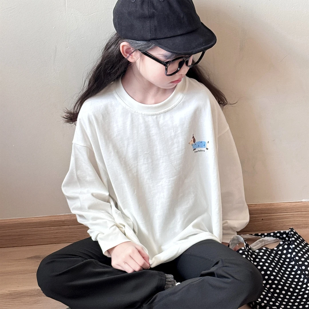纯棉儿童T恤2025新款女童春秋简约白色长袖上衣小女孩洋气打底衫