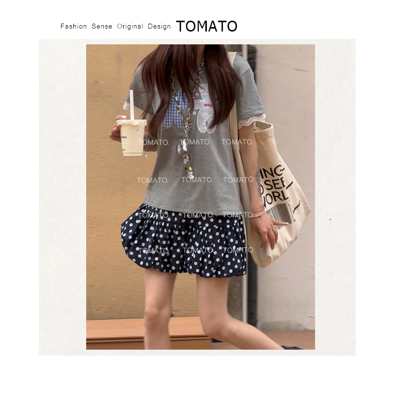 【TomaTo】淡雅 夏季设计感波点拼接百搭显瘦宽松ins短裙C25Q052803