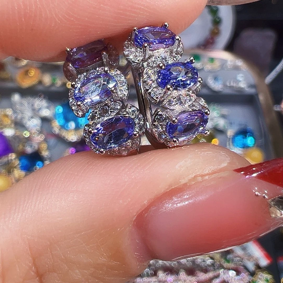 银S925镶嵌 耳钉坦桑石