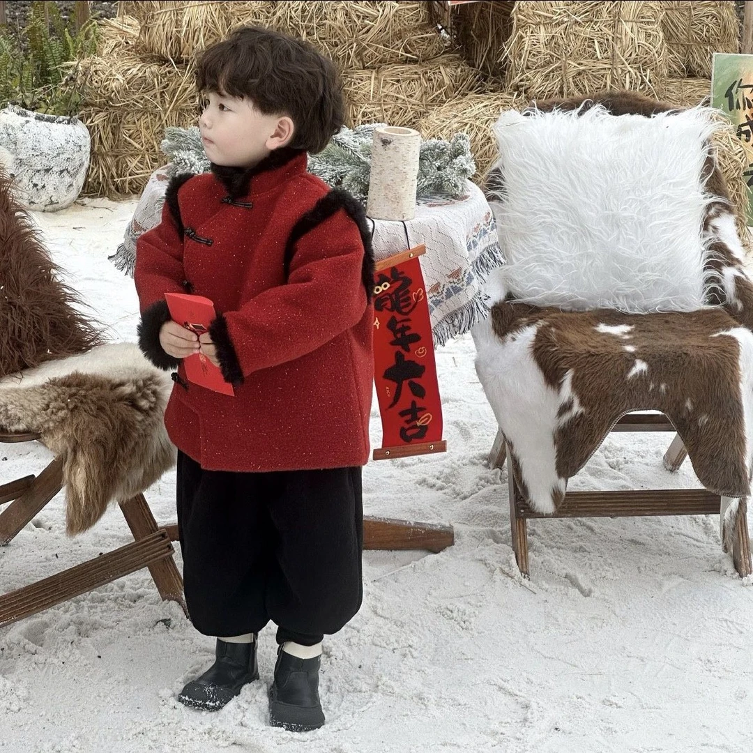 儿童新款年服拜年唐装汉服加棉加厚外套2024过年宝宝红色喜庆套装