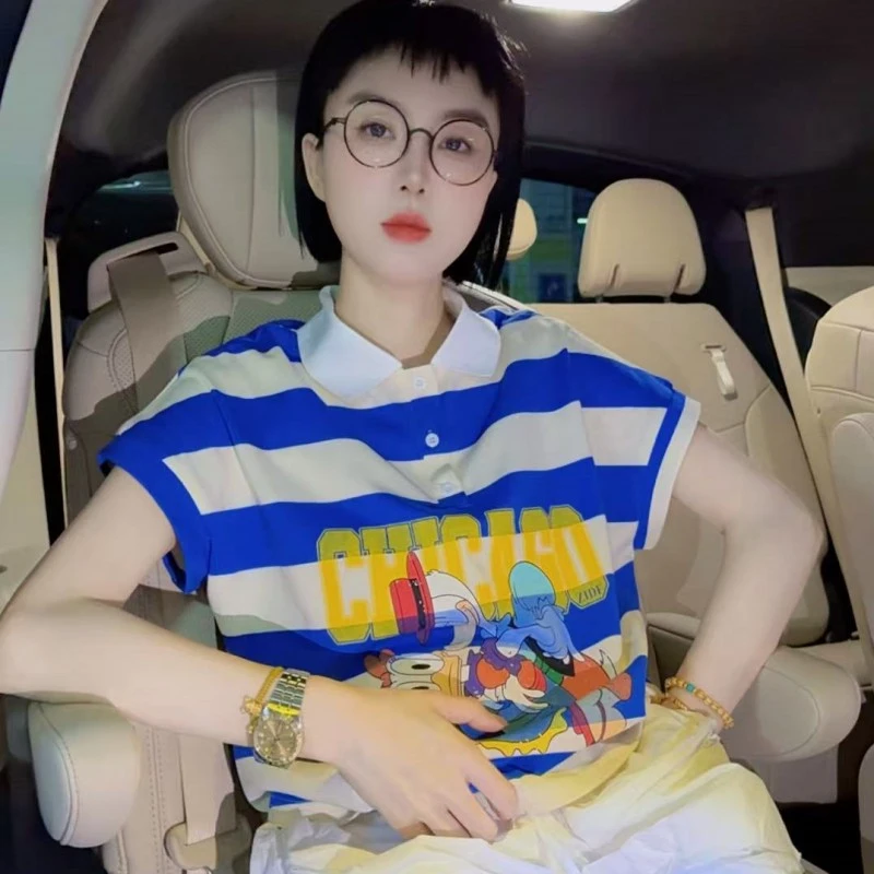 （条纹跳舞鸭）卡通翻领短袖时尚方领T百搭宽松潮流设计师款1