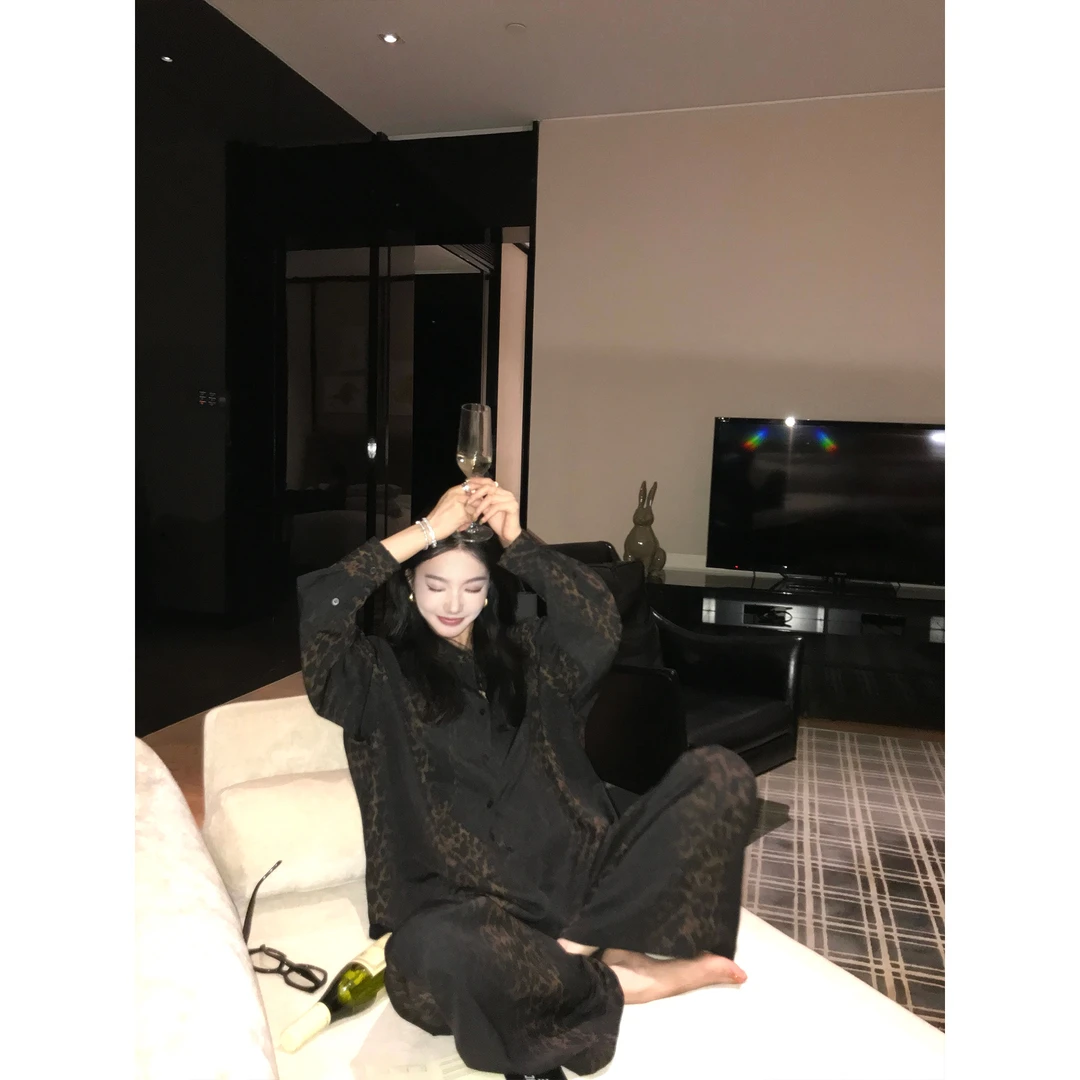 韩系甜美豹纹印花睡衣女春秋季2025新款长袖长裤家居服套装可外穿