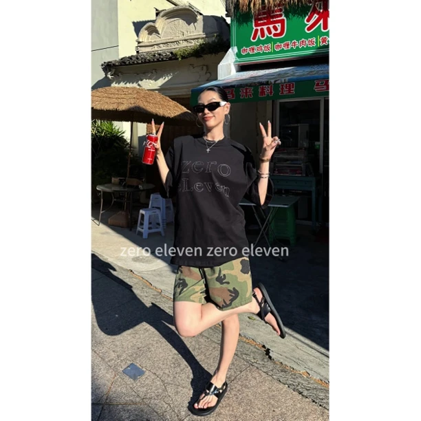 zero eleven定制个性时尚宽松阔腿显瘦百搭水洗迷彩短裤夏ZHA1641