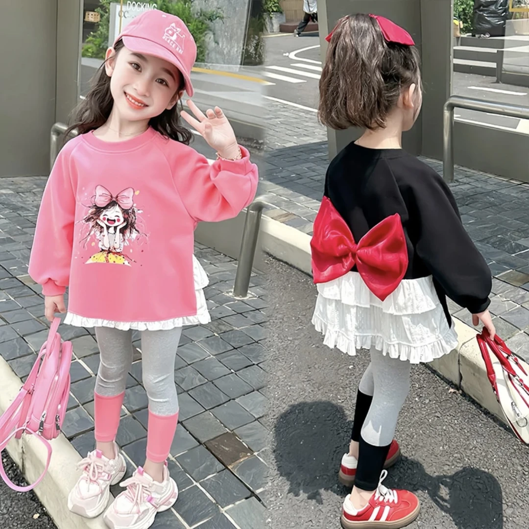 （在逃公主套装）女童春季新款2025蝴蝶结卫衣裙加打底裤两件套