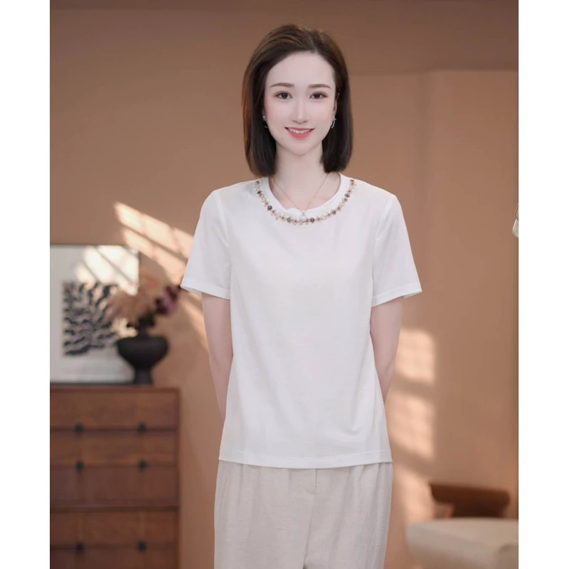 【嘉伊】夏季新款凉感短袖民族风钉珠显瘦百搭T恤