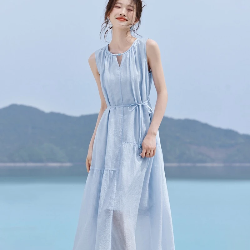 法式茶歇连衣裙女夏季2025新款时尚气质收腰A字裙薄款无袖长裙子