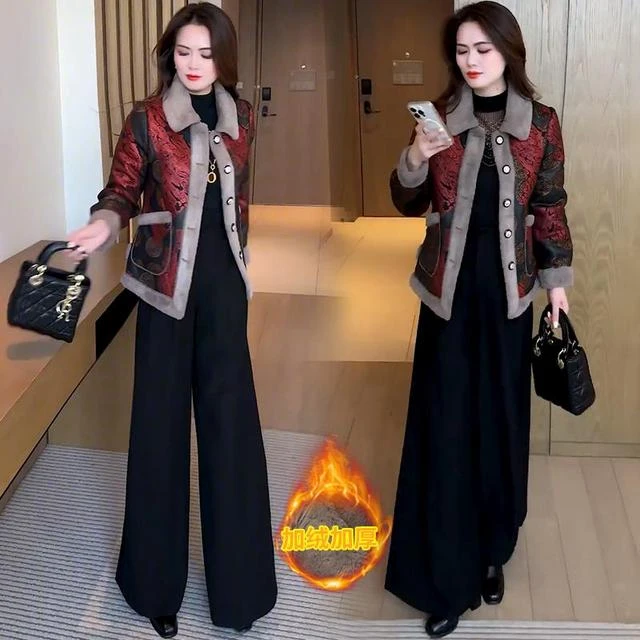 时尚加绒加厚短外套女2025冬季新款洋气质显瘦新中式印花毛呢外套