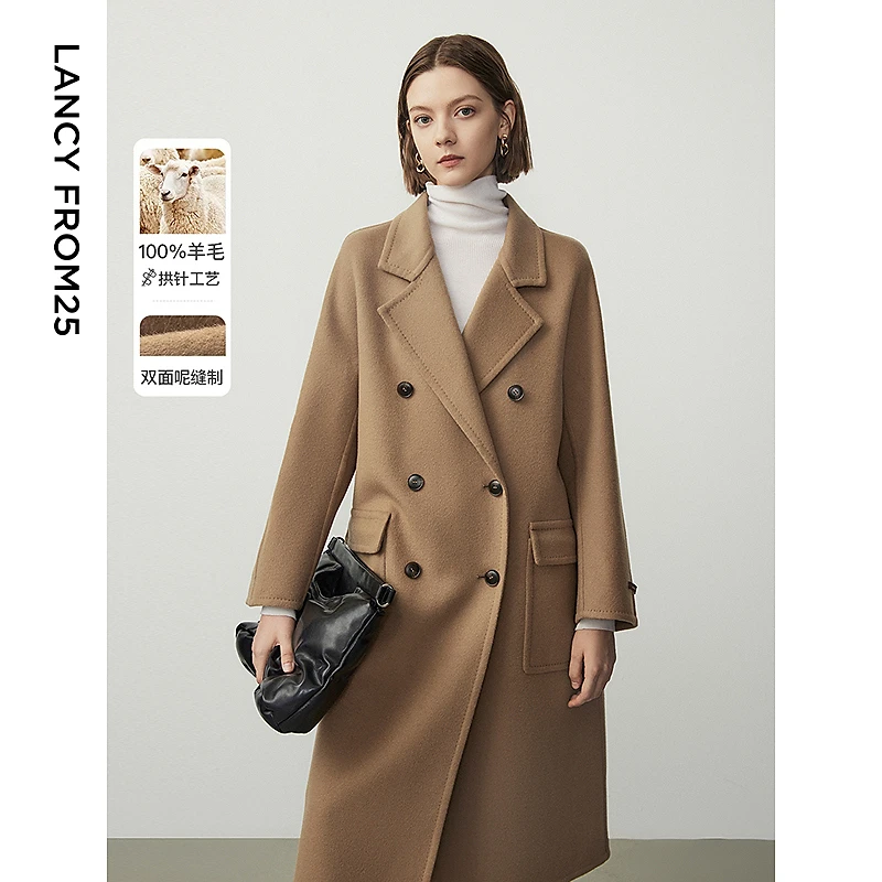 朗姿纯羊毛双面呢2023年新款中长款高级感通勤毛呢外套女冬季大衣