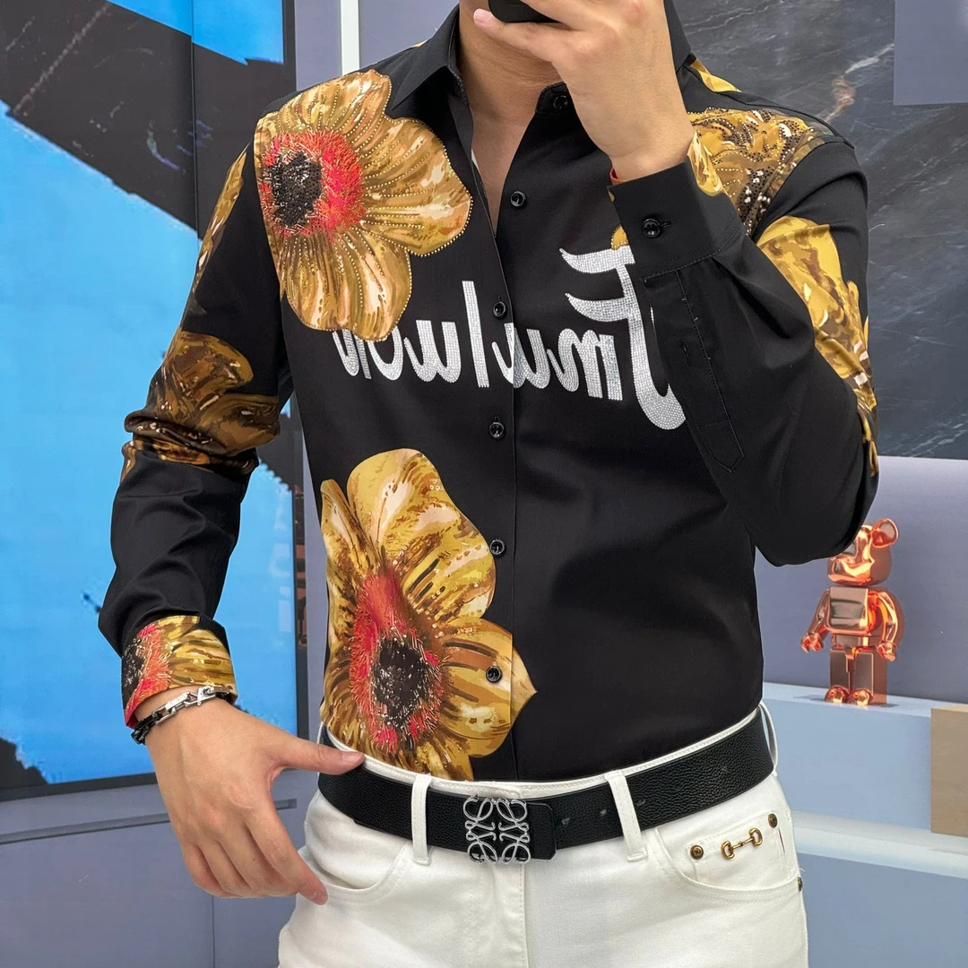 轩诚2025春季新款花朵男士长袖免烫抗皱舒适时尚休闲衬衣82536