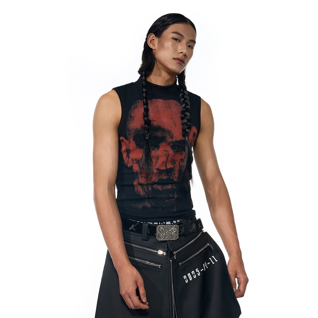 STARTEXCEEDEND 半高领修身背心男夏季美式街头人像印花无袖T恤潮