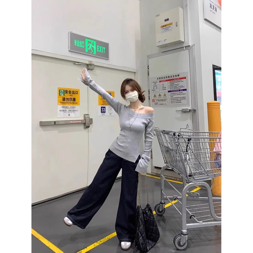 斜领纯色长袖早秋辣妹新款修身显瘦小众女上衣百搭露肩秋季时尚