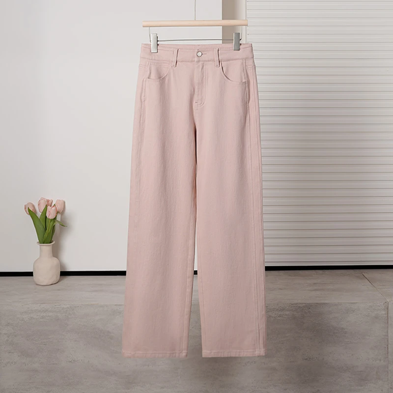 枫竺高端女装阿楠anan遮胯显瘦粉色四面弹复古宽松直筒牛仔裤