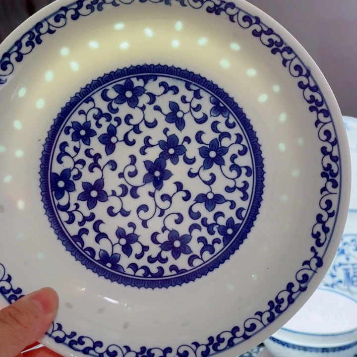 青花玲珑8寸窝盘紫荆花